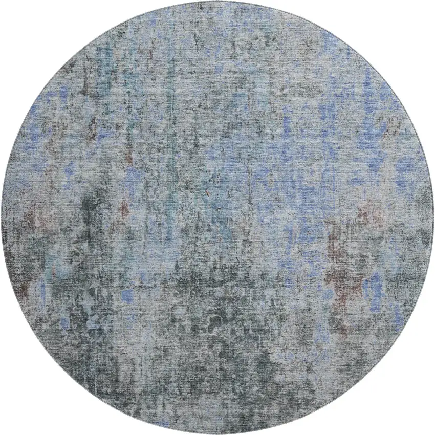 8' Gray And Blue Abstract Washable Round Rug With UV Protection Photo 1