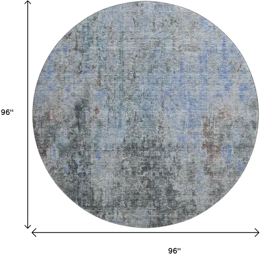 8' Gray And Blue Abstract Washable Round Rug With UV Protection Photo 9