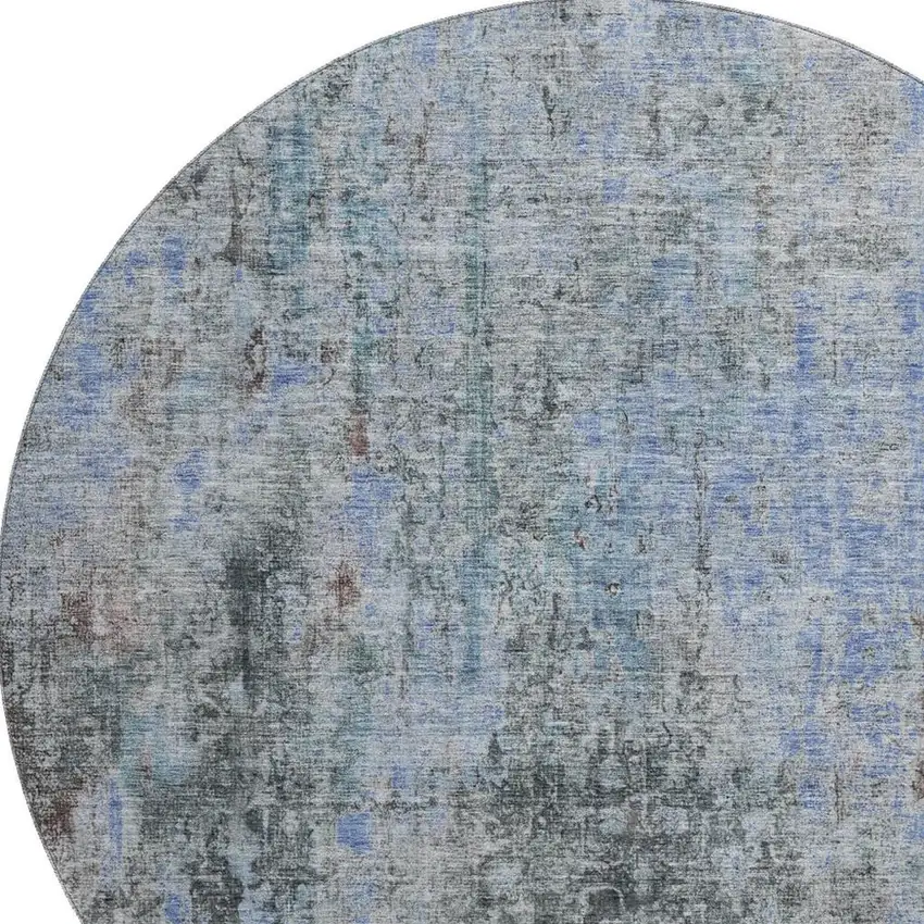 8' Gray And Blue Abstract Washable Round Rug With UV Protection Photo 2
