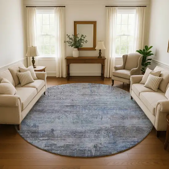 8' Gray And Blue Abstract Washable Round Rug With UV Protection Photo 4