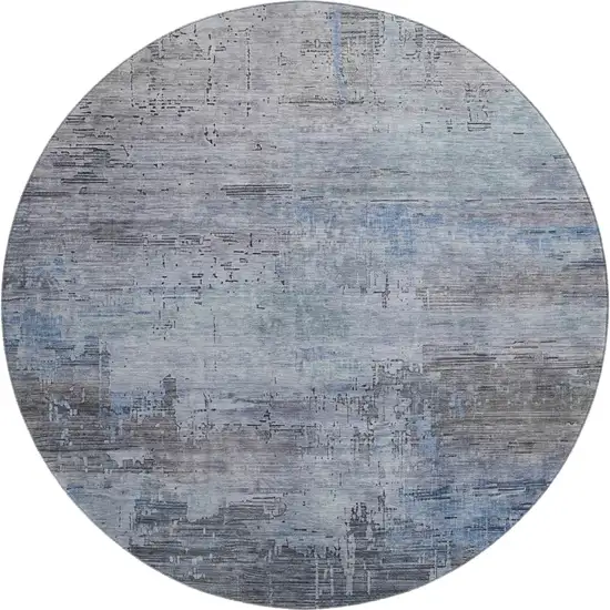 8' Gray And Blue Abstract Washable Round Rug With UV Protection Photo 1