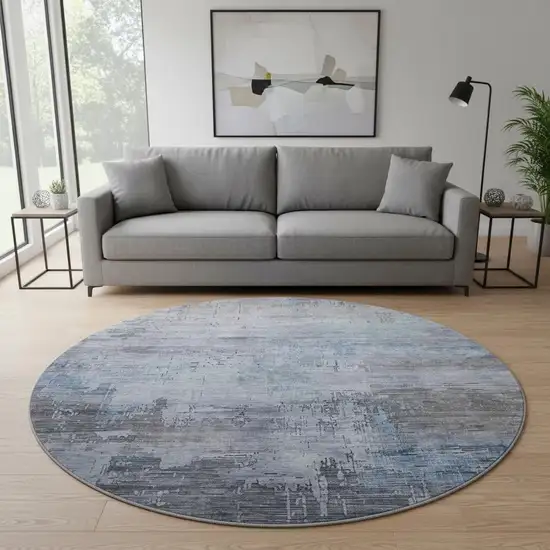 8' Gray And Blue Abstract Washable Round Rug With UV Protection Photo 2