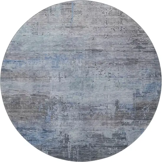 8' Gray And Blue Abstract Washable Round Rug With UV Protection Photo 3