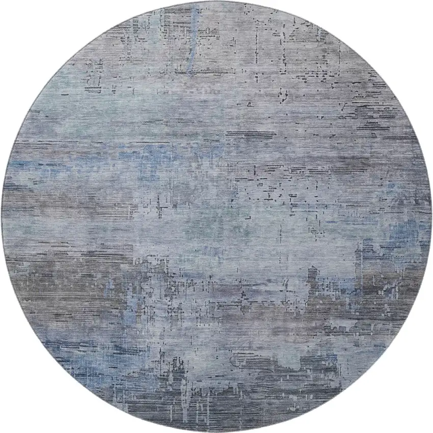 8' Gray And Blue Abstract Washable Round Rug With UV Protection Photo 3