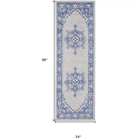 8' Gray And Blue Floral Medallion Distressed Runner Rug Photo 3