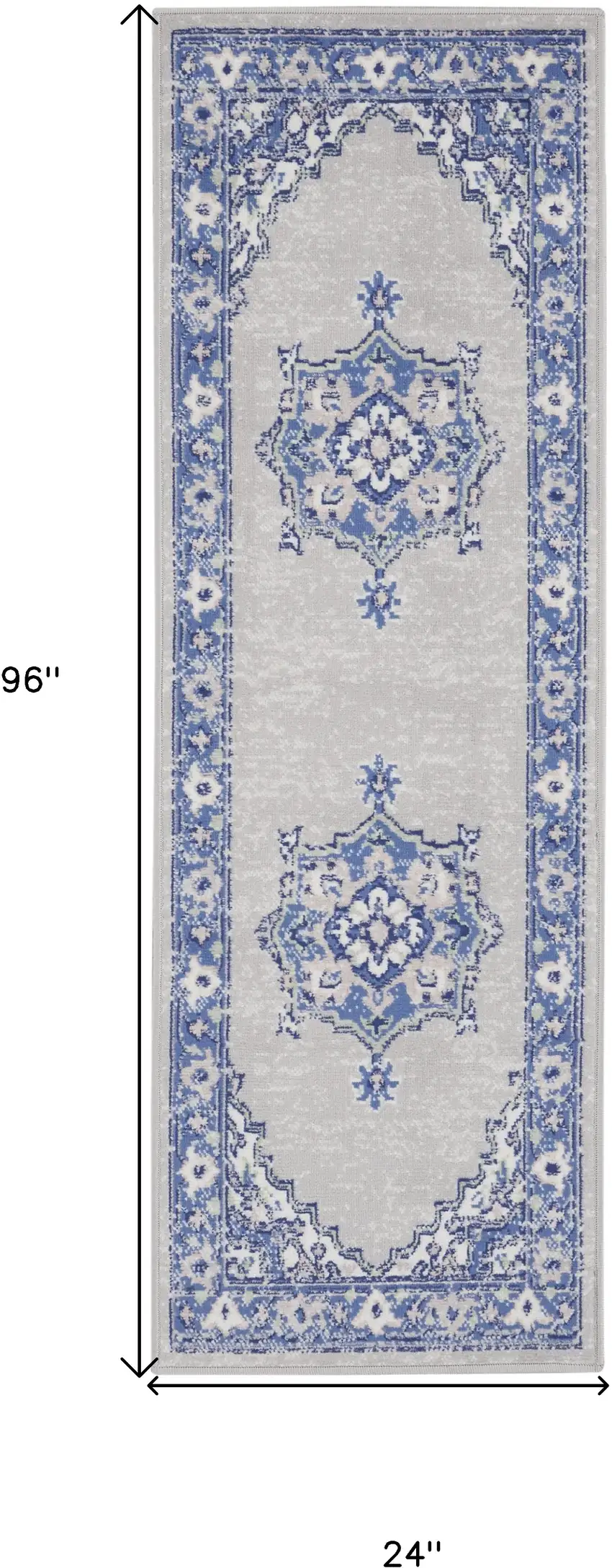 8' Gray And Blue Floral Medallion Distressed Runner Rug Photo 3