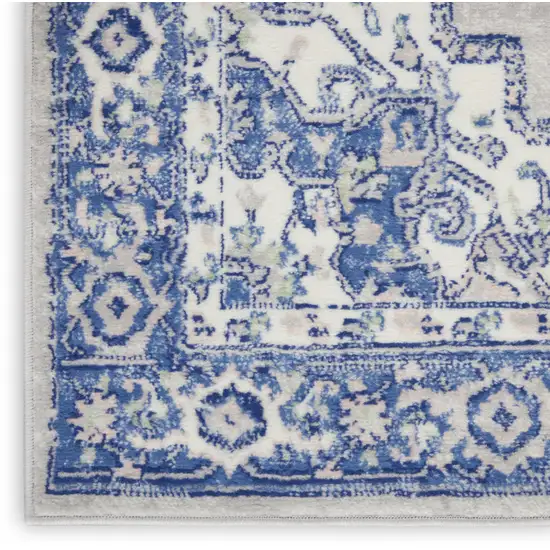 8' Gray And Blue Floral Medallion Distressed Runner Rug Photo 9