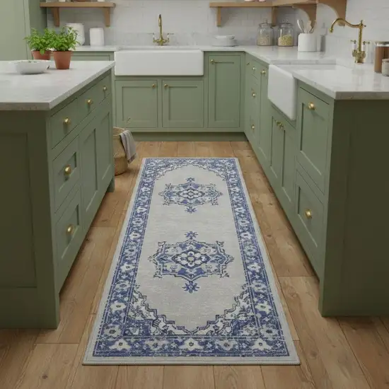 8' Gray And Blue Floral Medallion Distressed Runner Rug Photo 1