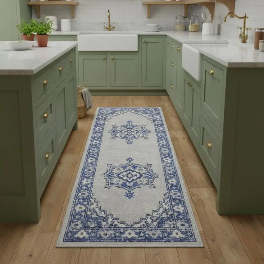 8' Gray And Blue Floral Medallion Distressed Runner Rug Photo 1