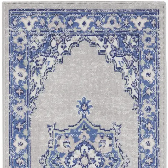 8' Gray And Blue Floral Medallion Distressed Runner Rug Photo 7