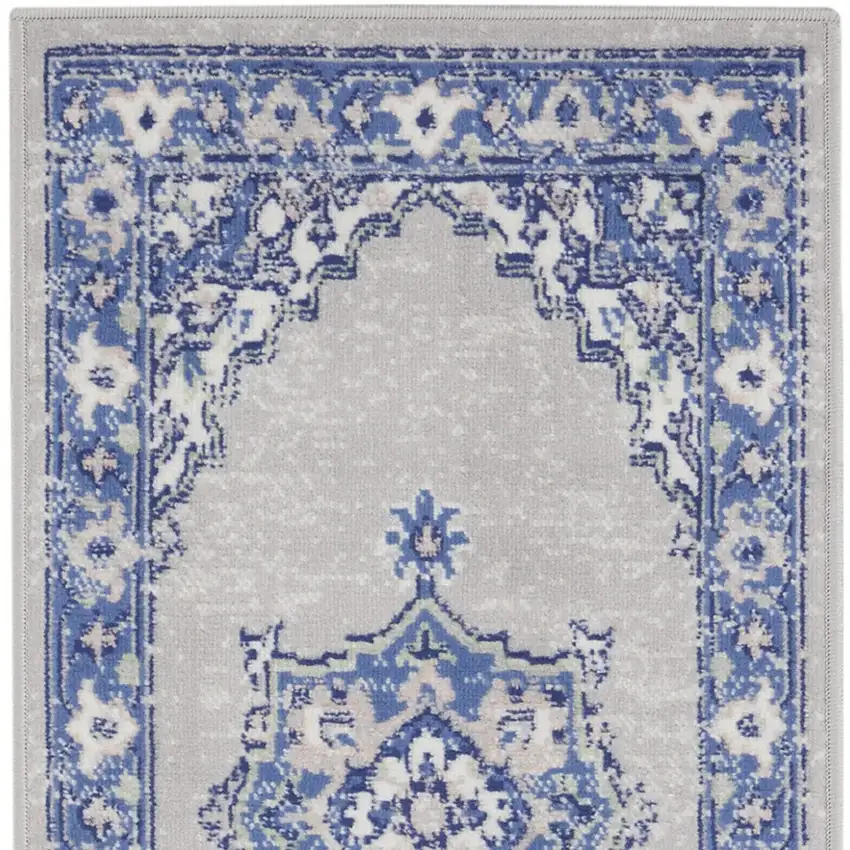 8' Gray And Blue Floral Medallion Distressed Runner Rug Photo 7