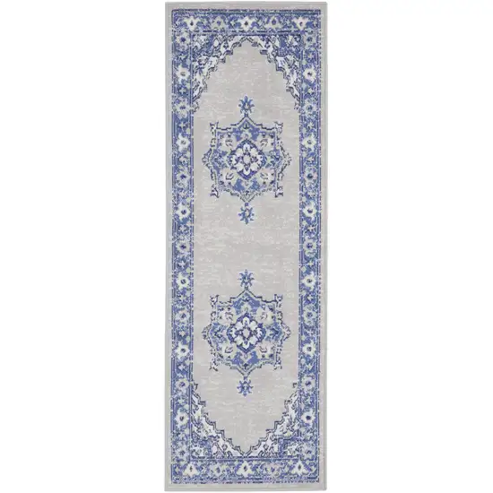 8' Gray And Blue Floral Medallion Distressed Runner Rug Photo 2