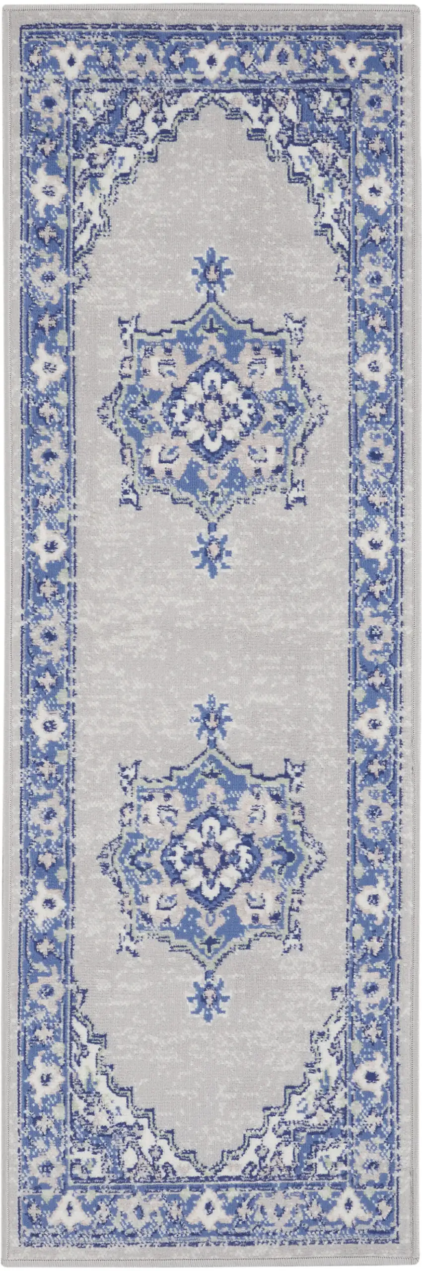 8' Gray And Blue Floral Medallion Distressed Runner Rug Photo 2