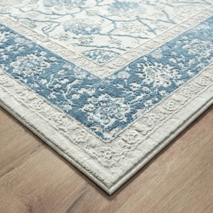 6' Gray And Blue Floral Runner Rug Photo 5