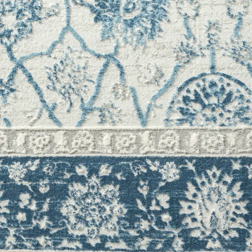 6' Gray And Blue Floral Runner Rug Photo 8