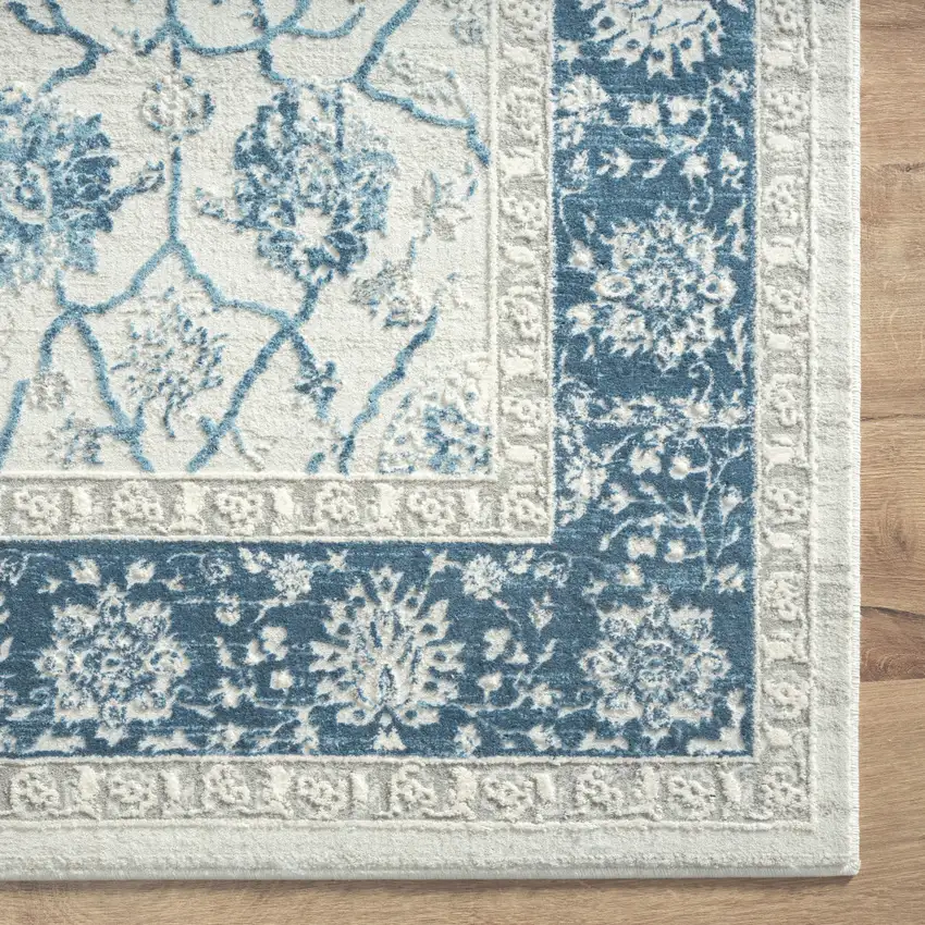 6' Gray And Blue Floral Runner Rug Photo 7