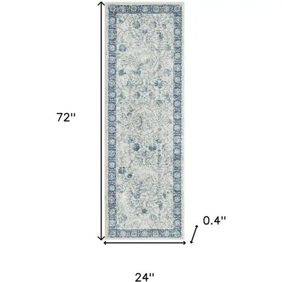 6' Gray And Blue Floral Runner Rug Photo 3