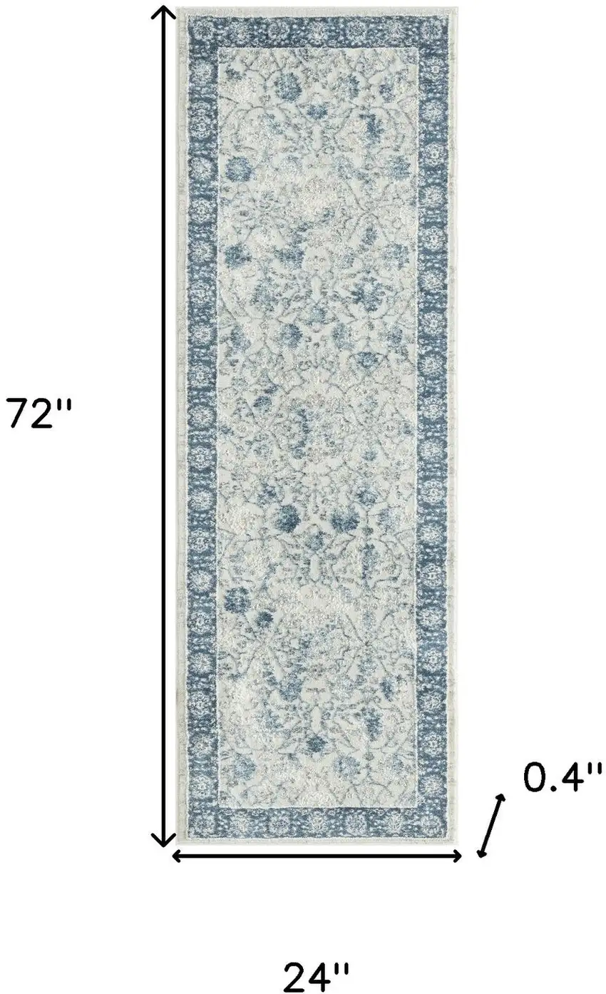6' Gray And Blue Floral Runner Rug Photo 3