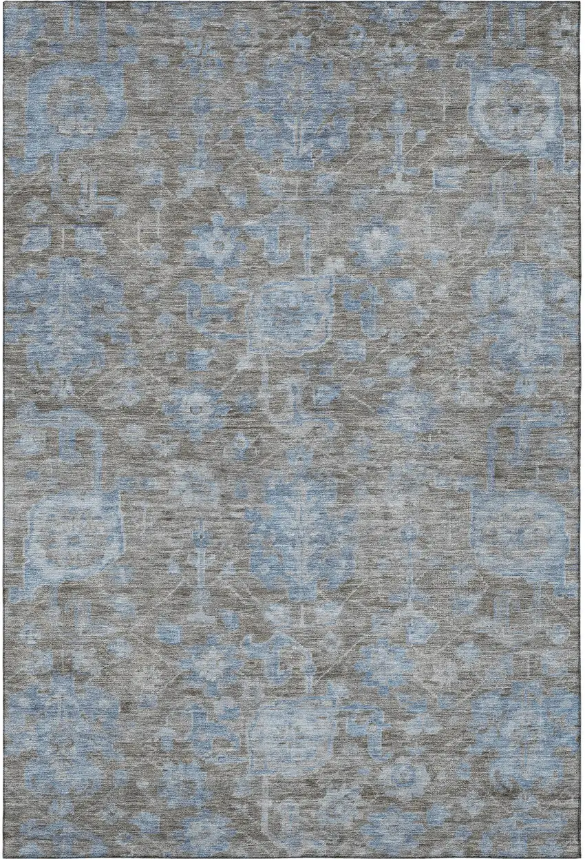 8' Gray And Blue Floral Washable Area Rug With UV Protection Photo 3
