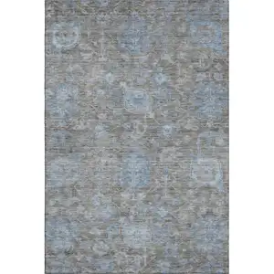 Photo of 8' Gray And Blue Floral Washable Area Rug With UV Protection