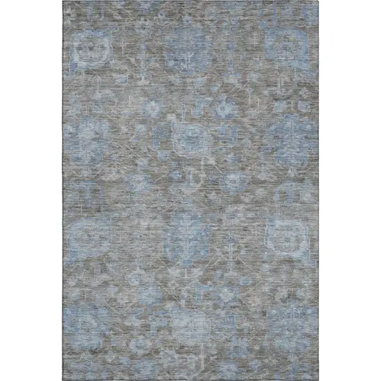 8' Gray And Blue Floral Washable Area Rug With UV Protection Photo 1