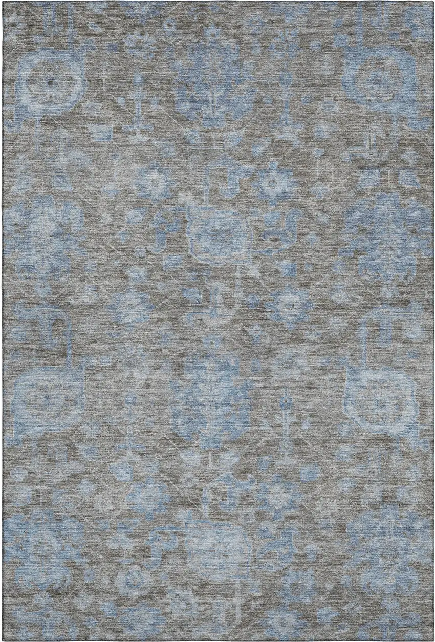 8' Gray And Blue Floral Washable Area Rug With UV Protection Photo 1