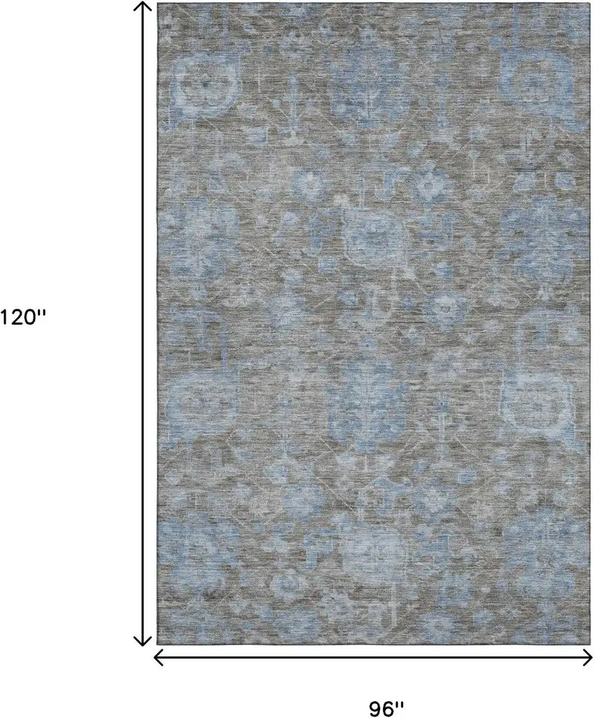 8' Gray And Blue Floral Washable Area Rug With UV Protection Photo 7