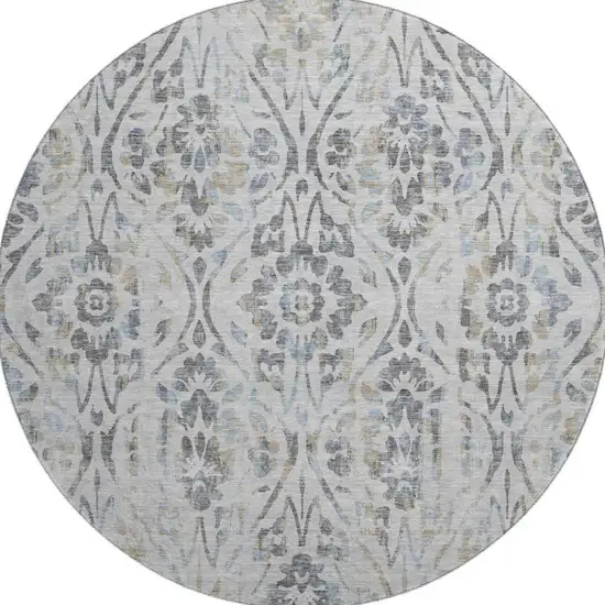 8' Gray And Blue Floral Washable Round Rug With UV Protection Photo 3