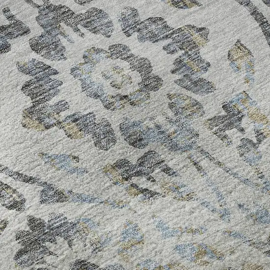 8' Gray And Blue Floral Washable Round Rug With UV Protection Photo 9