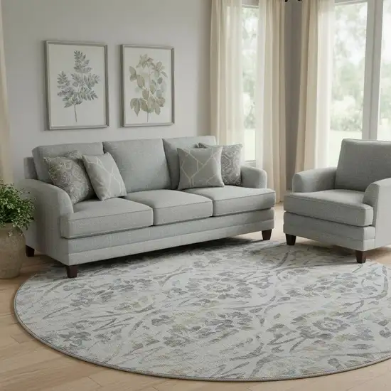 8' Gray And Blue Floral Washable Round Rug With UV Protection Photo 1