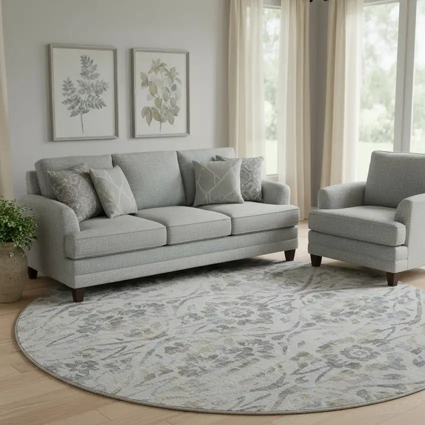 8' Gray And Blue Floral Washable Round Rug With UV Protection Photo 1