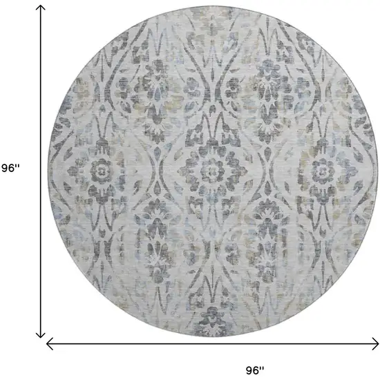 8' Gray And Blue Floral Washable Round Rug With UV Protection Photo 8