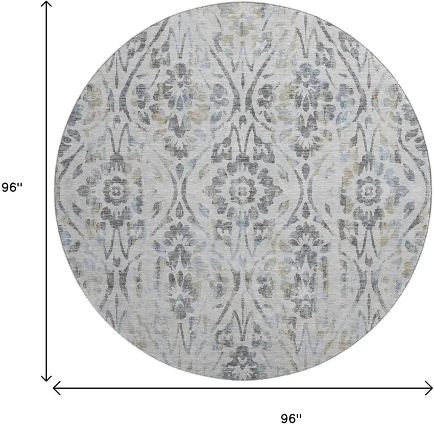8' Gray And Blue Floral Washable Round Rug With UV Protection Photo 8