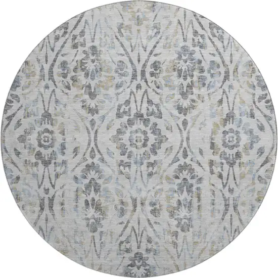 8' Gray And Blue Floral Washable Round Rug With UV Protection Photo 1