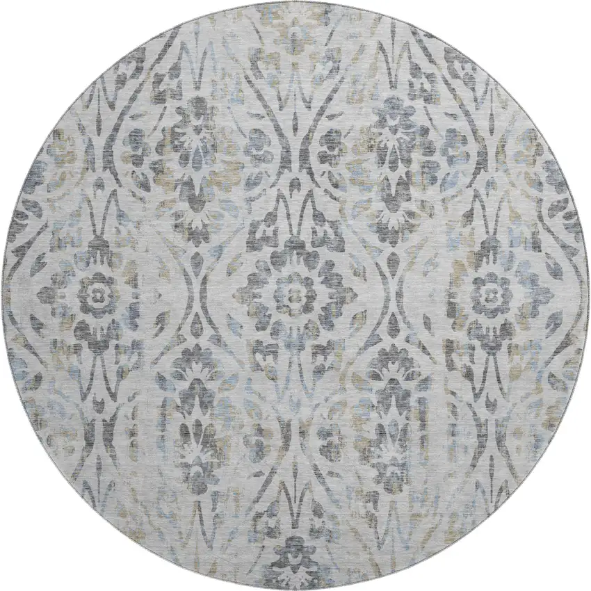 8' Gray And Blue Floral Washable Round Rug With UV Protection Photo 1