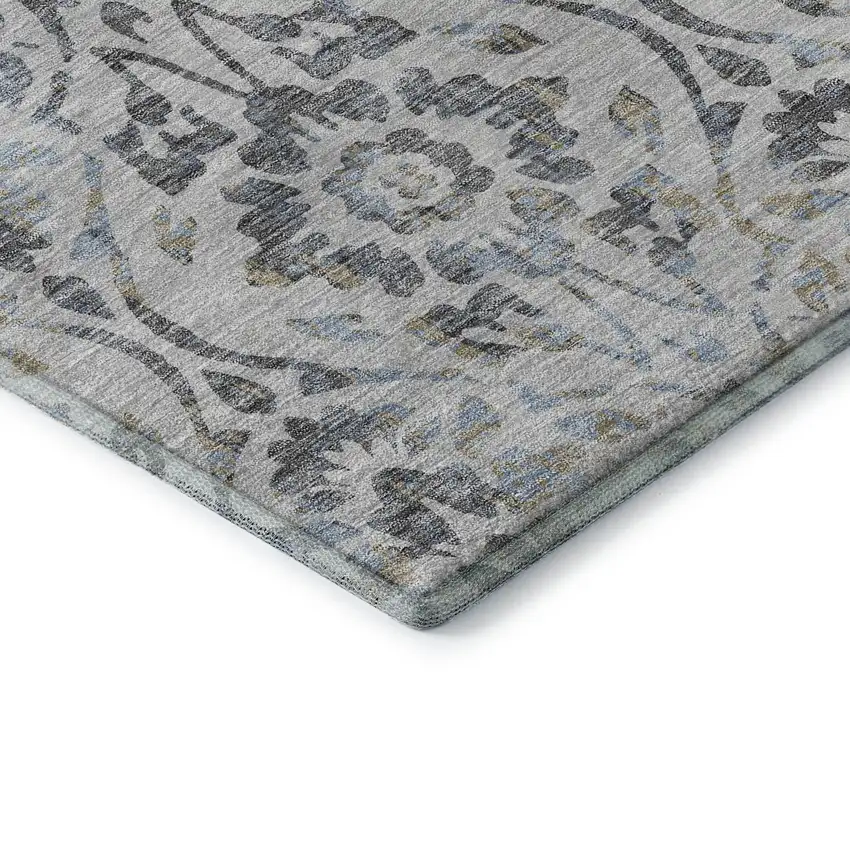 8' Gray And Blue Floral Washable Round Rug With UV Protection Photo 7