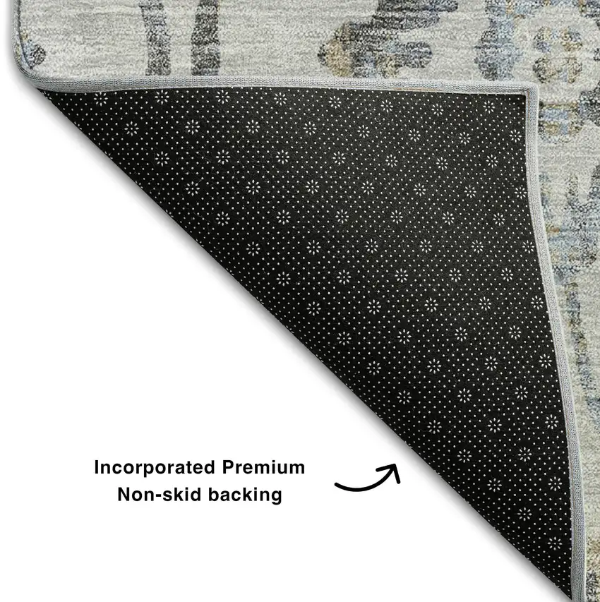 8' Gray And Blue Floral Washable Round Rug With UV Protection Photo 6