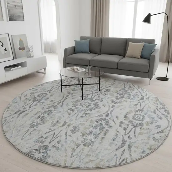 8' Gray And Blue Floral Washable Round Rug With UV Protection Photo 2