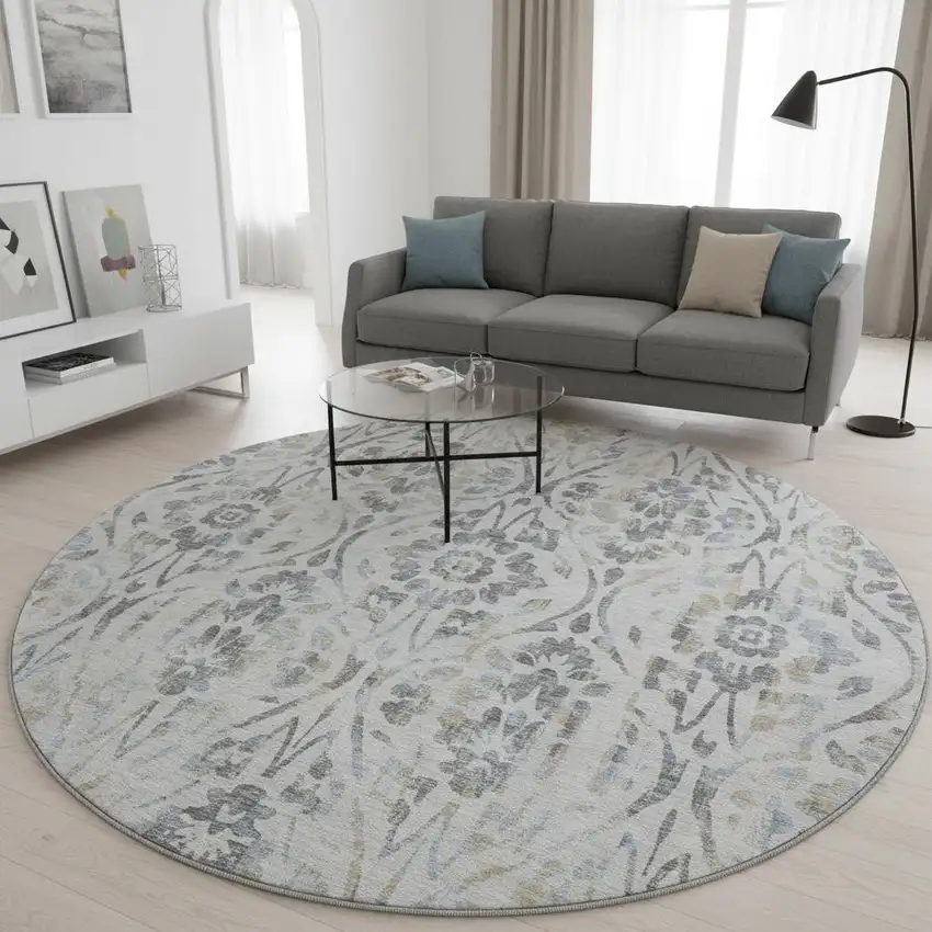 8' Gray And Blue Floral Washable Round Rug With UV Protection Photo 2