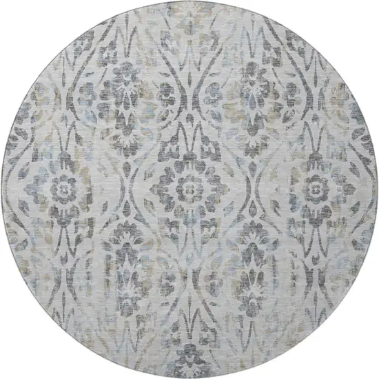 8' Gray And Blue Floral Washable Round Rug With UV Protection Photo 4