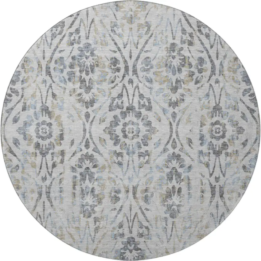 8' Gray And Blue Floral Washable Round Rug With UV Protection Photo 4
