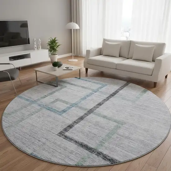 8' Gray And Blue Geometric Washable Round Rug With UV Protection Photo 2