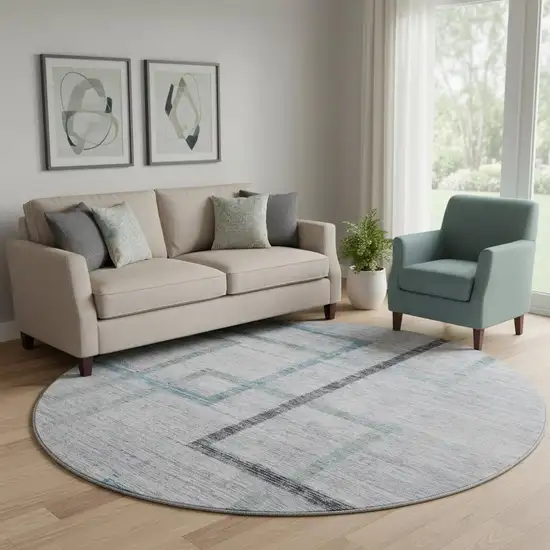 8' Gray And Blue Geometric Washable Round Rug With UV Protection Photo 1
