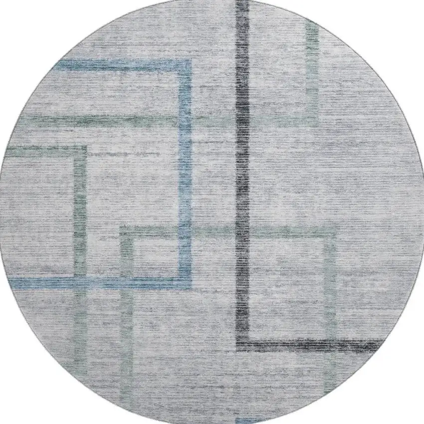 8' Gray And Blue Geometric Washable Round Rug With UV Protection Photo 3