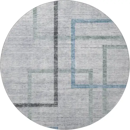 8' Gray And Blue Geometric Washable Round Rug With UV Protection Photo 4