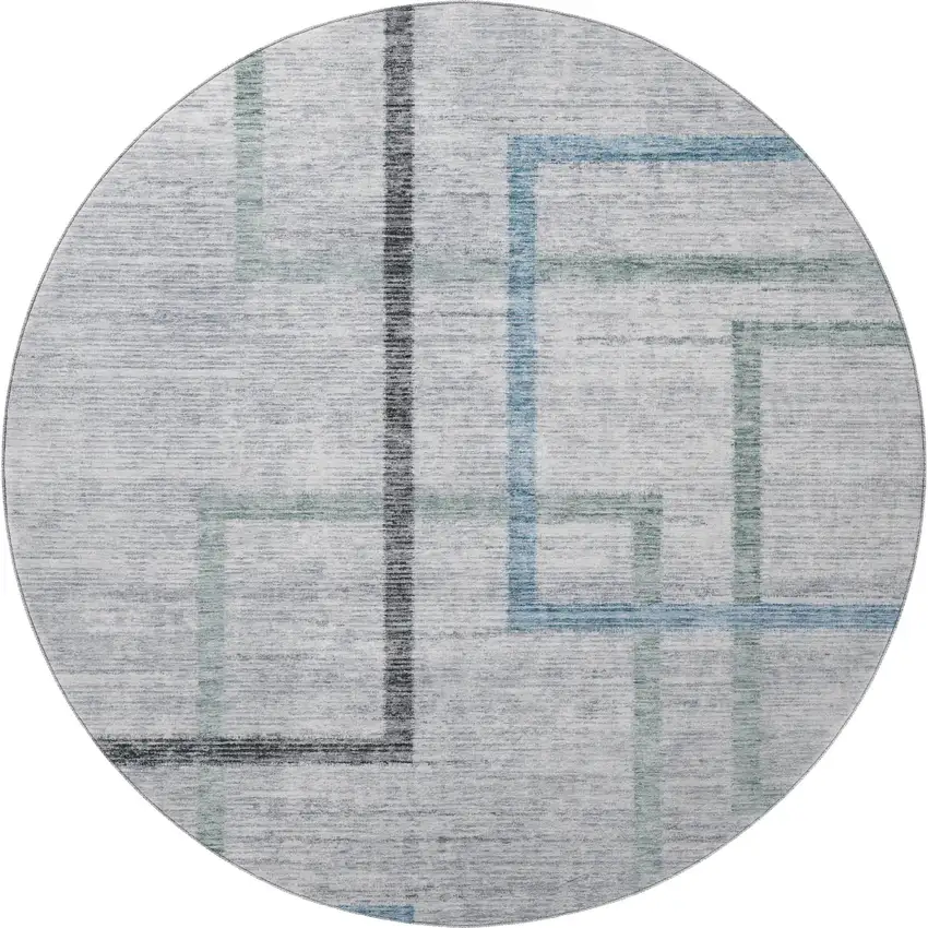 8' Gray And Blue Geometric Washable Round Rug With UV Protection Photo 4