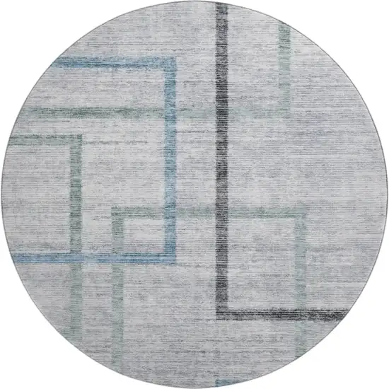 8' Gray And Blue Geometric Washable Round Rug With UV Protection Photo 1