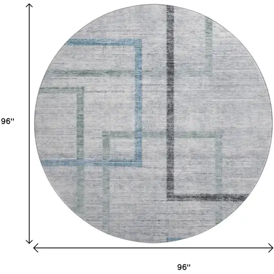 8' Gray And Blue Geometric Washable Round Rug With UV Protection Photo 3