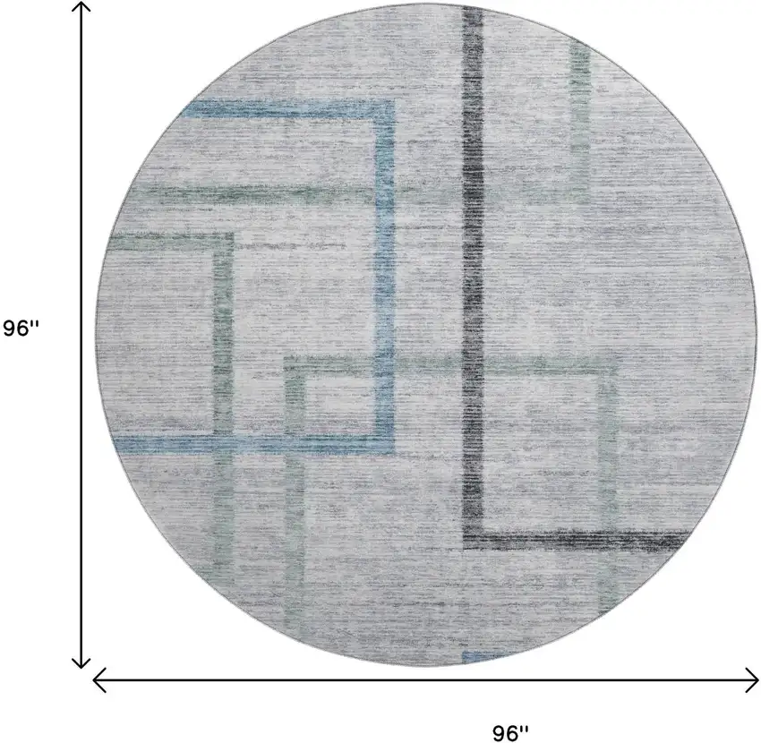 8' Gray And Blue Geometric Washable Round Rug With UV Protection Photo 3