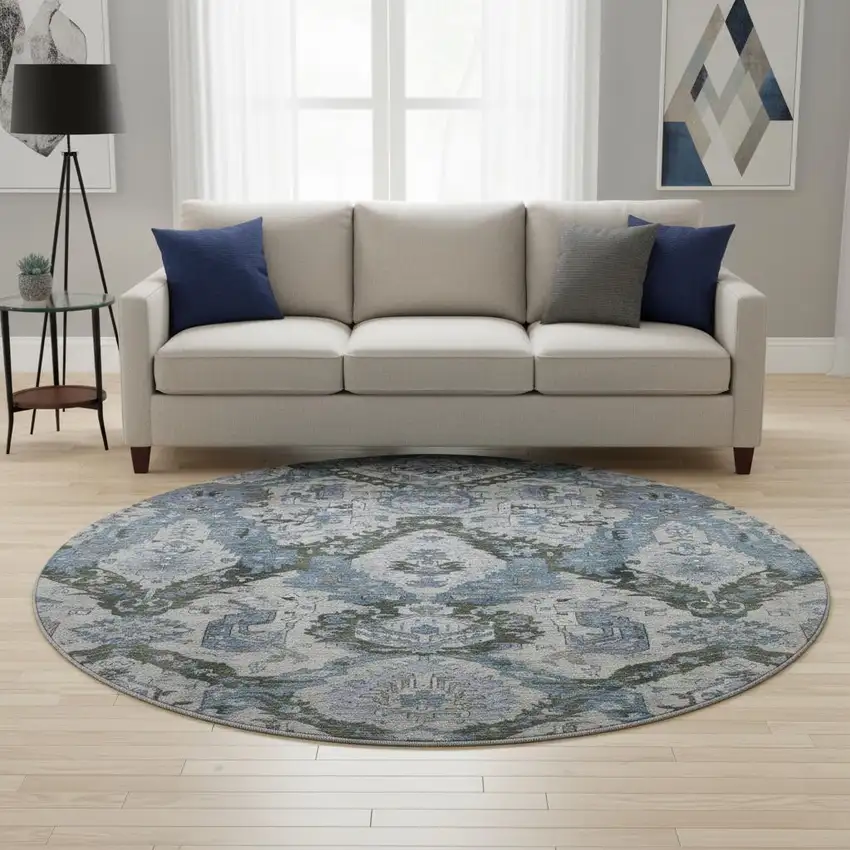 8' Gray And Blue Ikat Washable Round Rug With UV Protection Photo 2